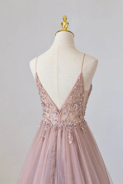 Robe de bal longue trapèze en tulle rose, robe de soirée spaghetti rose avec perles ED01879