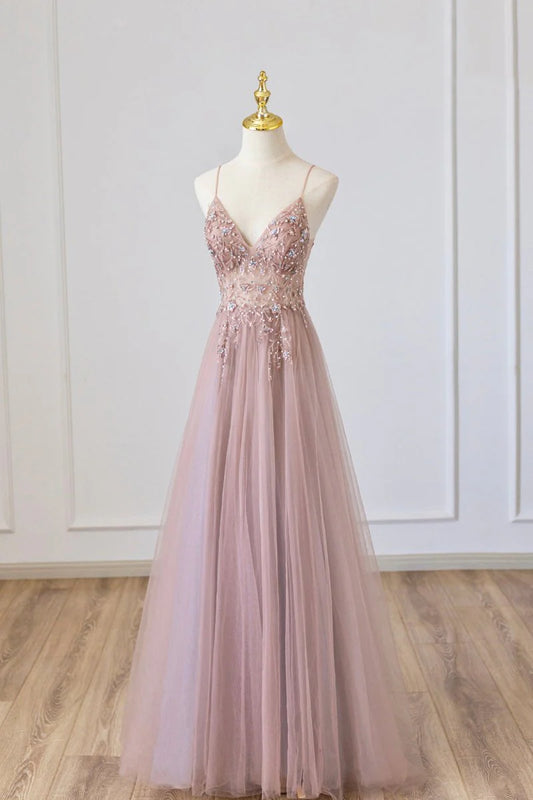 Robe de bal longue trapèze en tulle rose, robe de soirée spaghetti rose avec perles ED01879