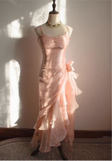 Robe de bal en mousseline de soie rose blush, bretelles spaghetti, sans manches, style vintage, pour anniversaire, ED01881