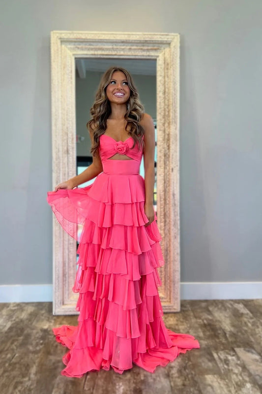 Cute Hot Pink A-Line Strapless Chiffon Long Prom Dress Layered Slit Sleeveless Evening Gown ED01882