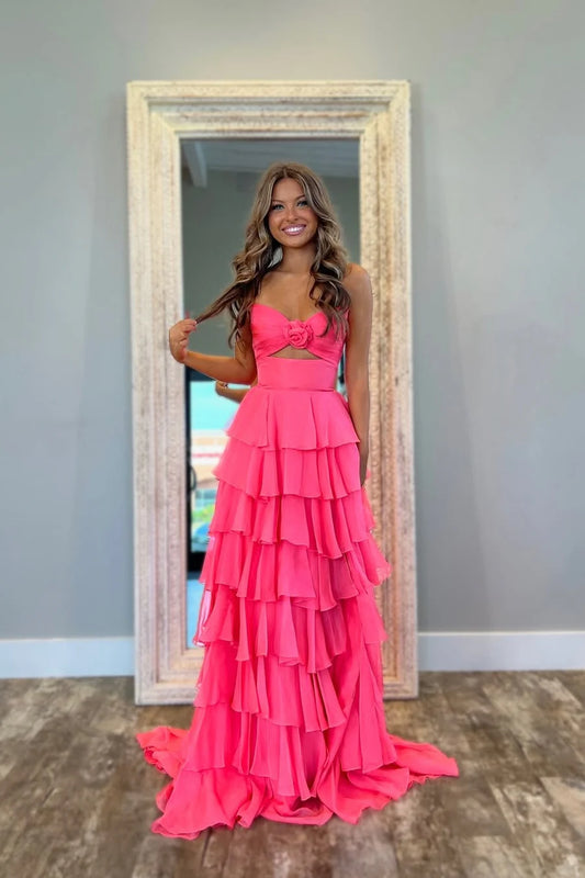 Cute Hot Pink A-Line Strapless Chiffon Long Prom Dress Layered Slit Sleeveless Evening Gown ED01882
