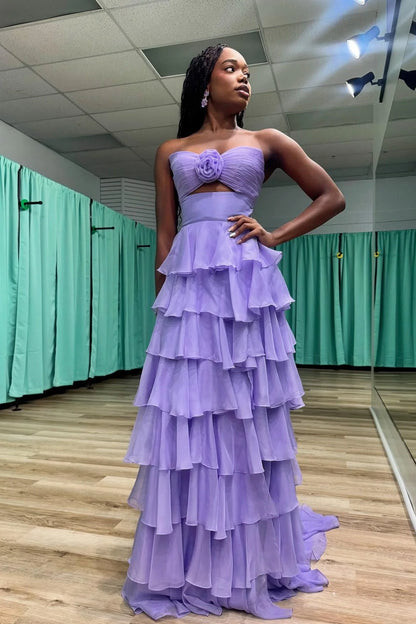 Robe de bal longue en mousseline rose vif, coupe trapèze, sans bretelles, fendue sur le côté, sans manches, ED01882