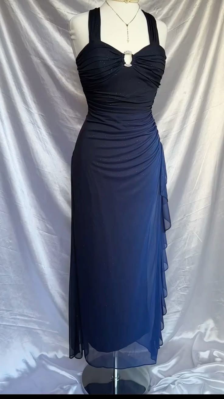 Navy Spaghetti Straps Sweetheart Neck Glitter Chiffon Ruffled Ball Dress Zipper Party Dress