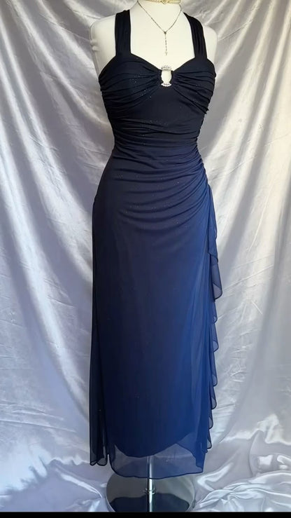 Navy Spaghetti Straps Sweetheart Neck Glitter Chiffon Ruffled Ball Dress Zipper Party Dress