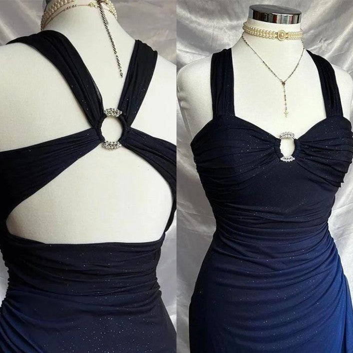 Navy Spaghetti Straps Sweetheart Neck Glitter Chiffon Ruffled Ball Dress Backless Party Dress