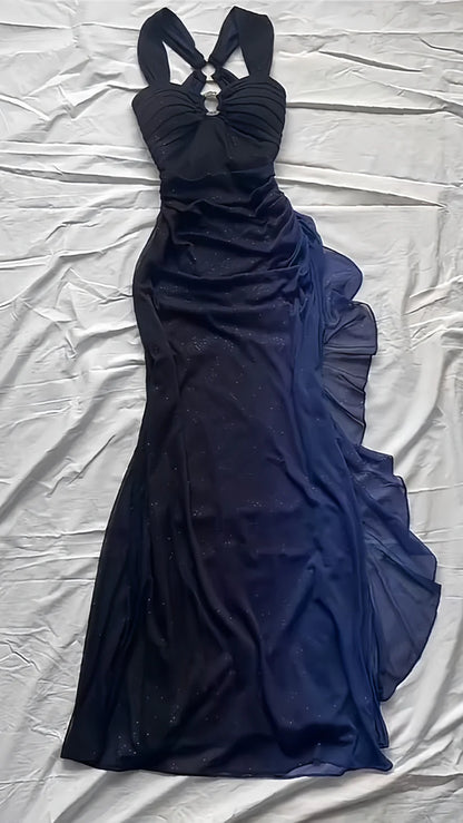 Navy Spaghetti Straps Sweetheart Neck Glitter Chiffon Ruffled Ball Dress Zipper Party Dress
