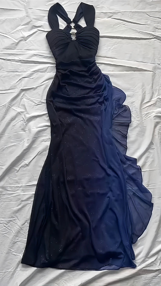 Navy Spaghetti Straps Sweetheart Neck Glitter Chiffon Ruffled Ball Dress Zipper Party Dress