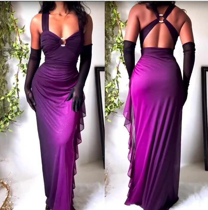 Gradient Purple  Spaghetti Straps Sweetheart Neck Glitter Chiffon Ruffled Ball Dress Backless Party Dress