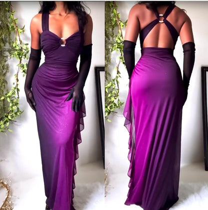 Gradient Purple  Spaghetti Straps Sweetheart Neck Glitter Chiffon Ruffled Ball Dress Backless Party Dress