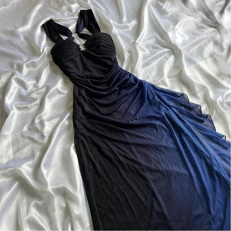 Navy Spaghetti Straps Sweetheart Neck Glitter Chiffon Ruffled Ball Dress Zipper Party Dress