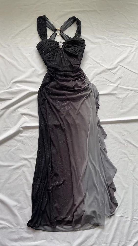 Gradient Gray  Spaghetti Straps Sweetheart Neck Glitter Chiffon Ruffled Ball Dress Backless Party Dress