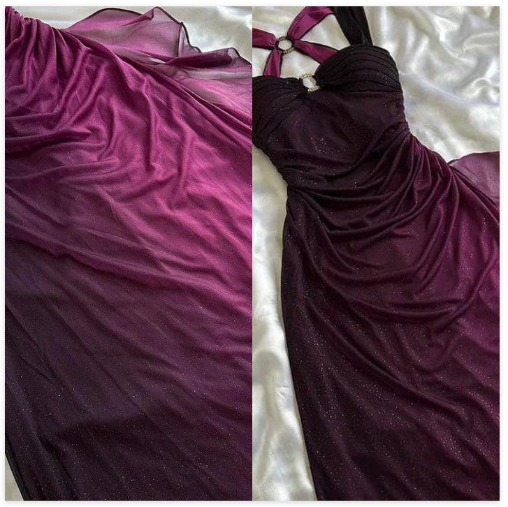 Gradient Grape Spaghetti Straps Sweetheart Neck Glitter Chiffon Ruffled Ball Dress Backless Party Dress