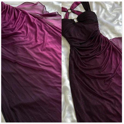 Gradient Grape Spaghetti Straps Sweetheart Neck Glitter Chiffon Ruffled Ball Dress Backless Party Dress