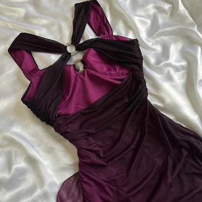 Gradient Grape  Spaghetti Straps Sweetheart Neck Glitter Chiffon Ruffled Ball Dress Backless Party Dress