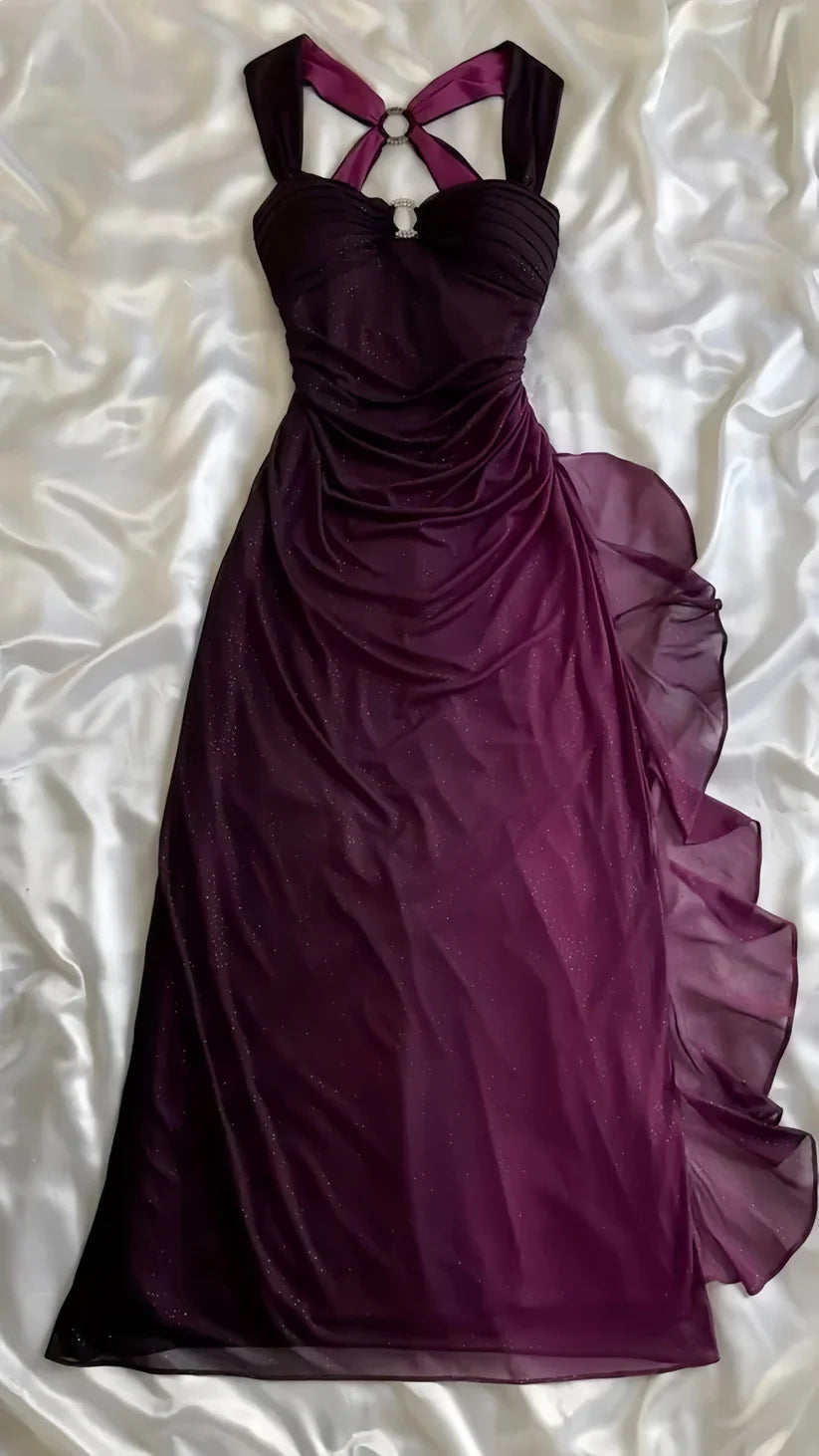 Gradient Grape  Spaghetti Straps Sweetheart Neck Glitter Chiffon Ruffled Ball Dress Backless Party Dress