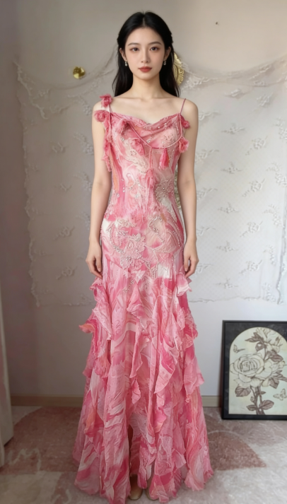 Robe fourreau vintage en mousseline de soie à paillettes, rose doux, bretelles spaghetti, robe de bal, robe de fête d'anniversaire ED01886