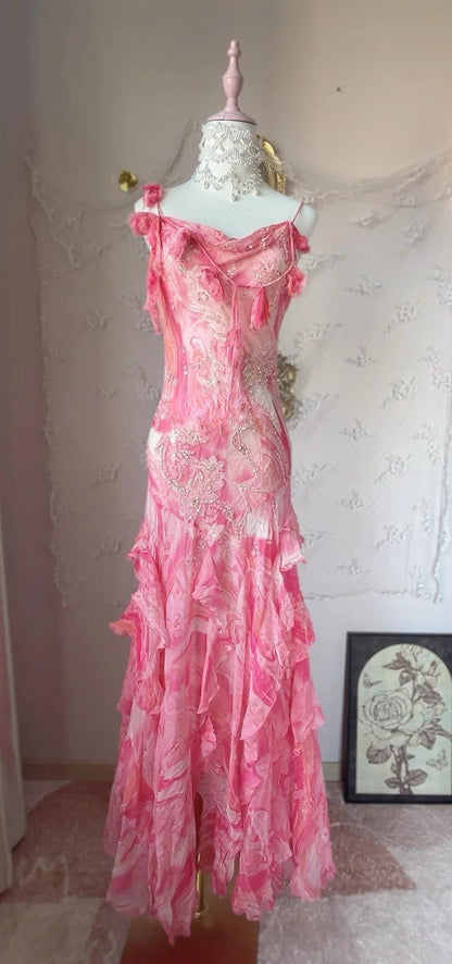 Robe fourreau vintage en mousseline de soie à paillettes, rose doux, bretelles spaghetti, robe de bal, robe de fête d'anniversaire ED01886