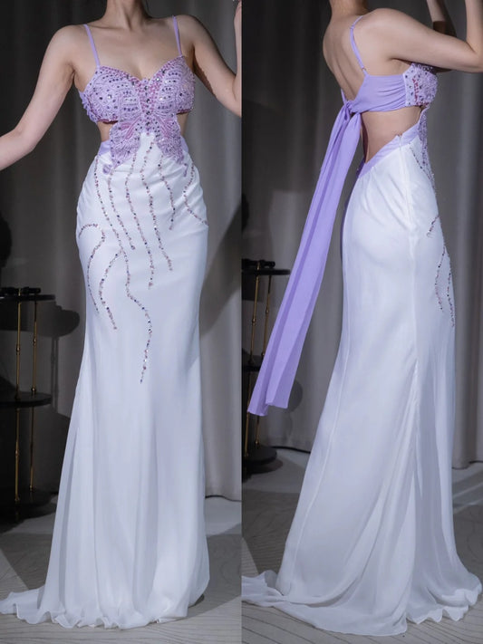 Elegant Purple Spaghetti Strap Mermaid Chiffon Backless Sleeveless Prom Dress Sexy Party Evening Dress ED01888