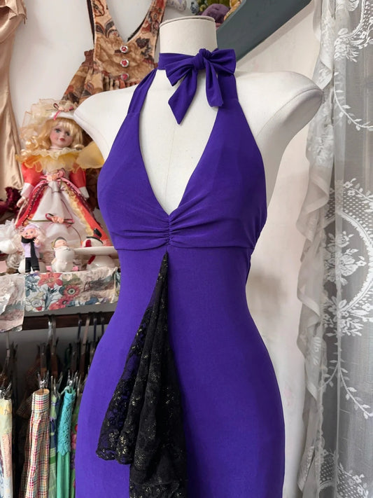 Magnifique robe de bal sirène violette à col en V et dos nu en dentelle, tenue de fête d'anniversaire ED01889