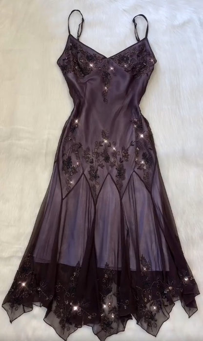 Modest vintage Prom Dress Spaghetti Straps &nbsp;Blue 🩵Chiffon Sheath Evening Dress with Beading&nbsp;
