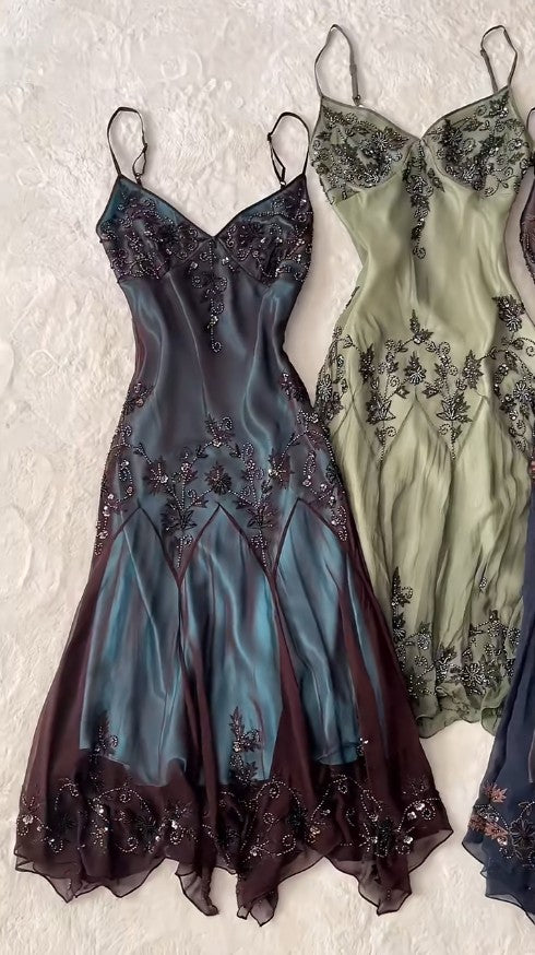Modest vintage Prom Dress Spaghetti Straps  Blue 🩵Chiffon Sheath Evening Dress with Beading 