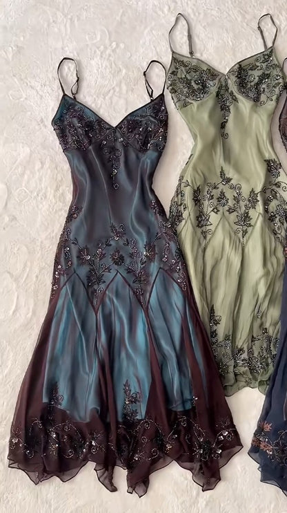 Modest vintage Prom Dress Spaghetti Straps  Blue 🩵Chiffon Sheath Evening Dress with Beading 