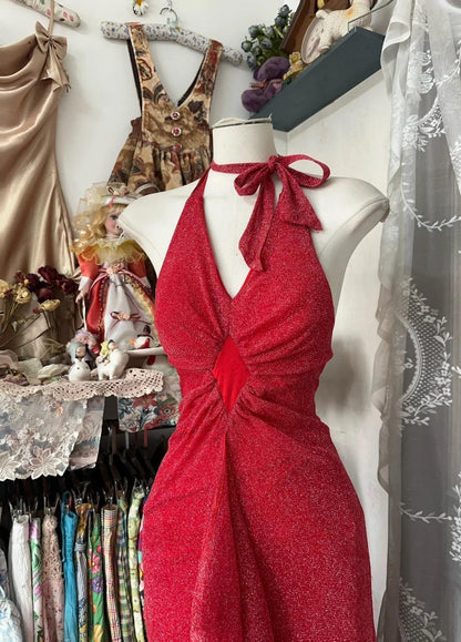 Enchanted Red A-Line Ball Gown 💫Chiffon Tulle Princess Halter &nbsp;Open Back Design for Galas Formal Events;