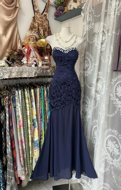 Robe de soirée élégante bleu marine, style sirène, sans bretelles, dos nu, en mousseline, pour anniversaire, ED01893