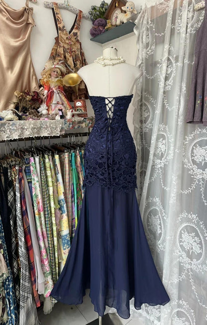 Robe de soirée élégante bleu marine, style sirène, sans bretelles, dos nu, en mousseline, pour anniversaire, ED01893