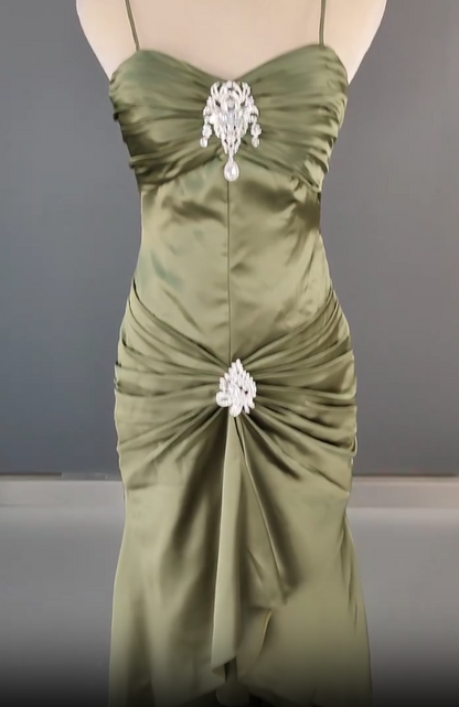 Robe de soirée sirène en satin vert foncé, élégante, bretelles spaghetti, magnifique robe de soirée ED01896