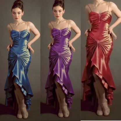 Elegant Spaghetti Strap Mermaid Satin Dark Green Long Prom Dress Gorgeous Evening Dress ED01896