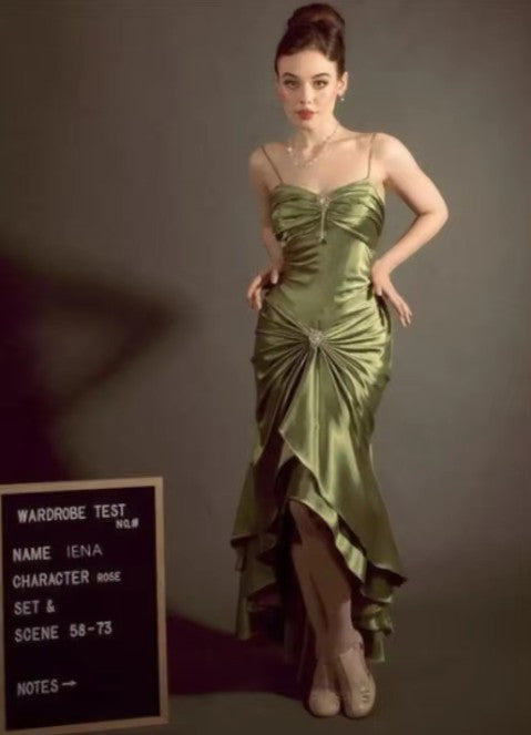 Dark Green Elegant Spaghetti Strap Mermaid Satin Prom Dress Gorgeous Evening Dress ED01896