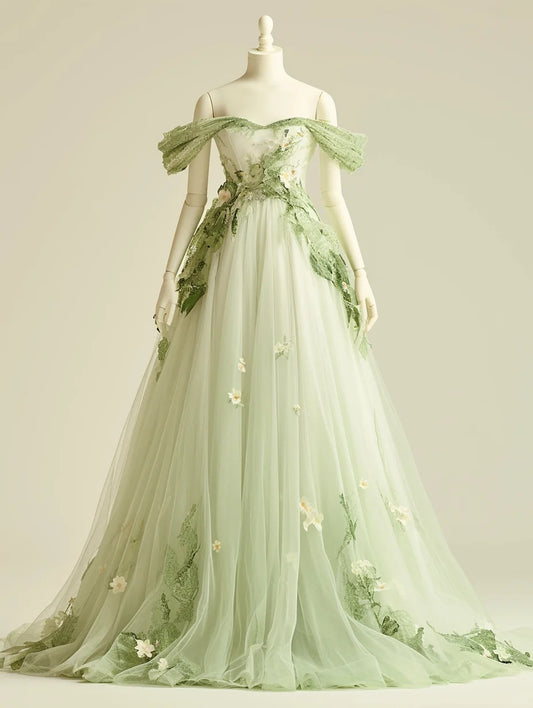 Robe de bal longue en tulle vert clair, coupe trapèze, épaules dénudées, robe de bal d'anniversaire ED01898