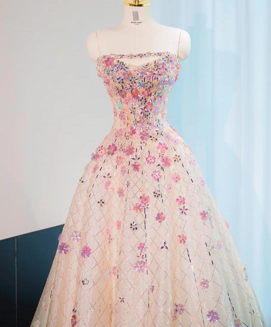 Magnifique robe de bal longue bustier à fleurs roses perlées, superbe robe de soirée formelle ED01899