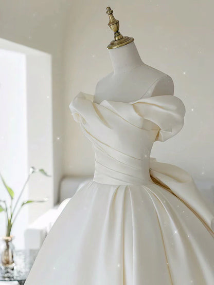 A-Line Off Shoulder Satin Light Champagne Long Prom Dress, Light Champagne Formal Dress ED019