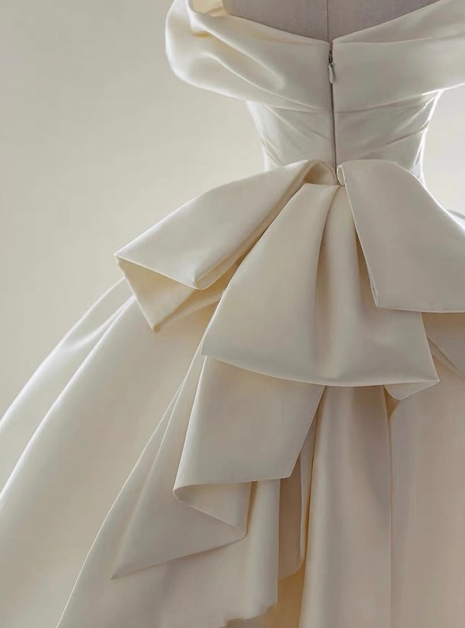 A-Line Off Shoulder Satin Light Champagne Long Prom Dress, Light Champagne Formal Dress ED019