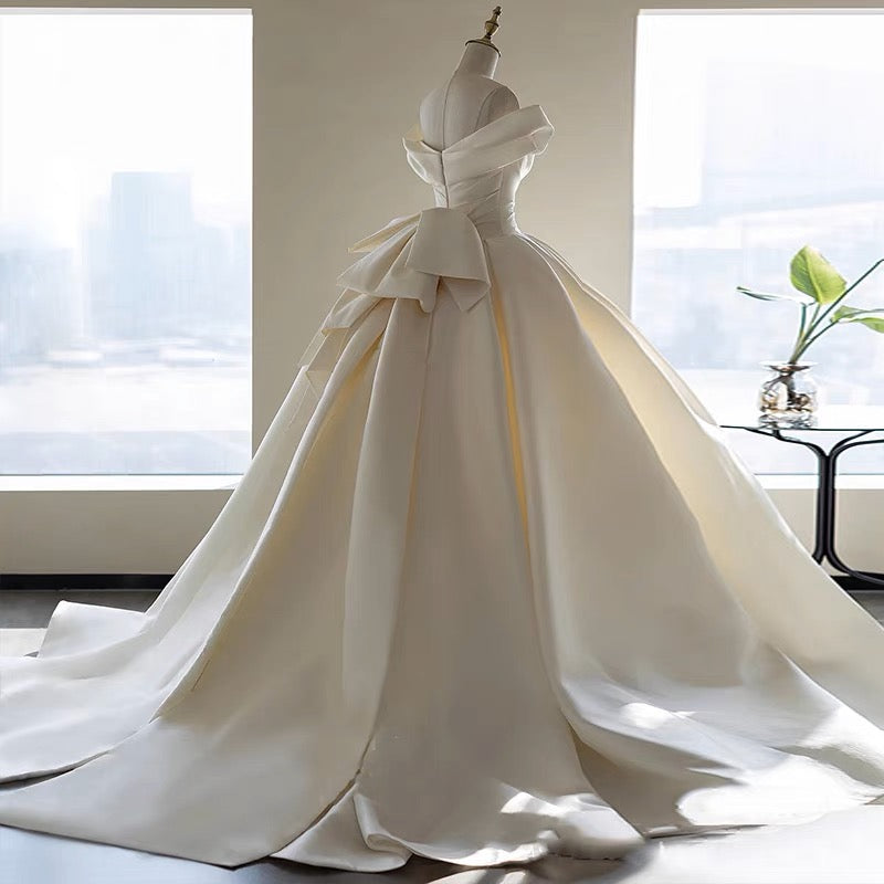 A-Line Off Shoulder Satin Light Champagne Long Prom Dress, Light Champagne Formal Dress ED019
