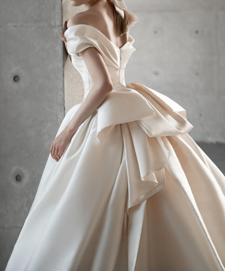 A-Line Off Shoulder Satin Light Champagne Long Prom Dress, Light Champagne Formal Dress ED019