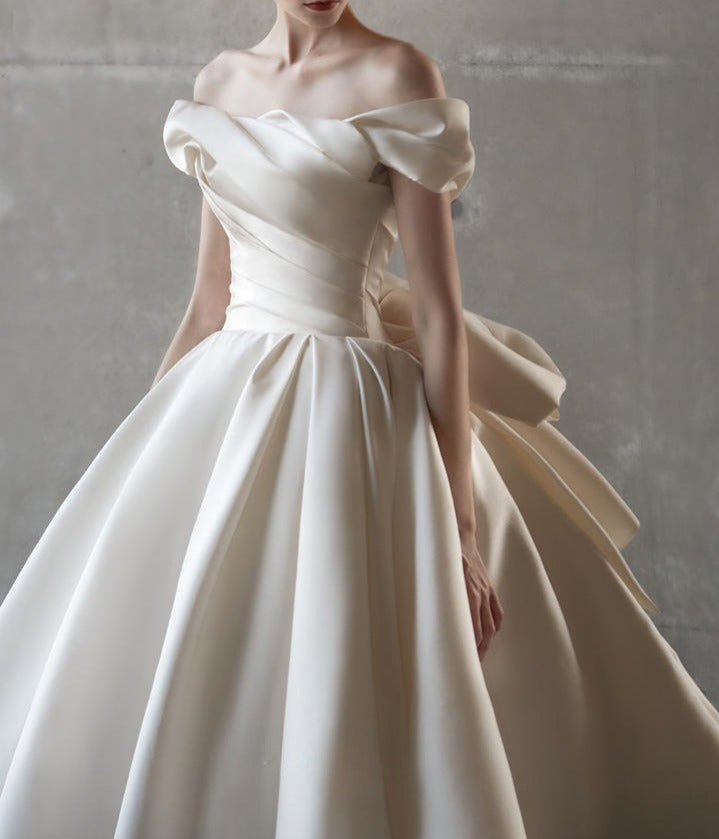 A-Line Off Shoulder Satin Light Champagne Long Prom Dress, Light Champagne Formal Dress ED019