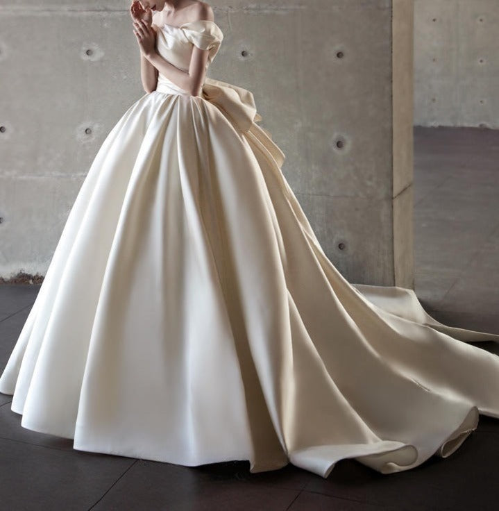A-Line Off Shoulder Satin Light Champagne Long Prom Dress, Light Champagne Formal Dress ED019