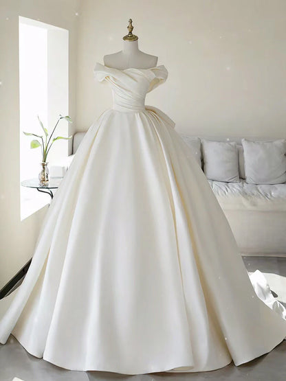 A-Line Off Shoulder Satin Light Champagne Long Prom Dress, Light Champagne Formal Dress ED019