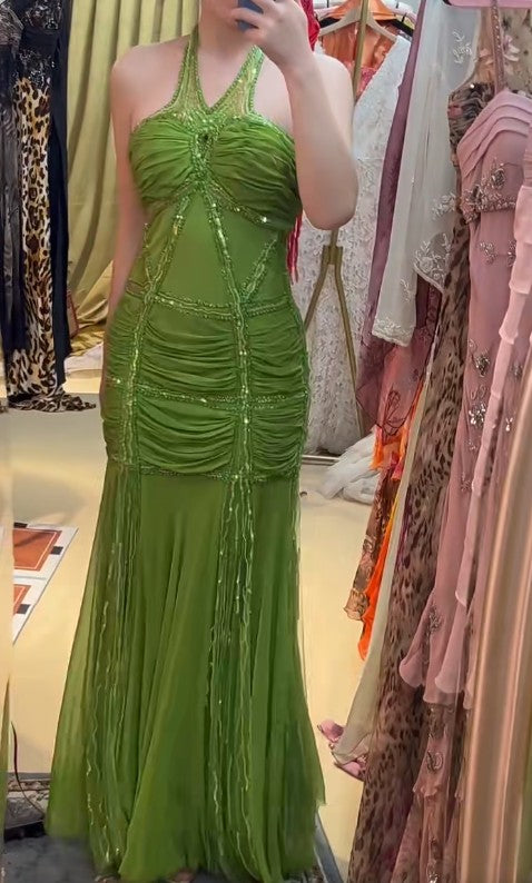 Vintage Green Halter Mermaid Chiffon Beaded Sequin Prom Dress Elegant Formal Evening Dress ED01900