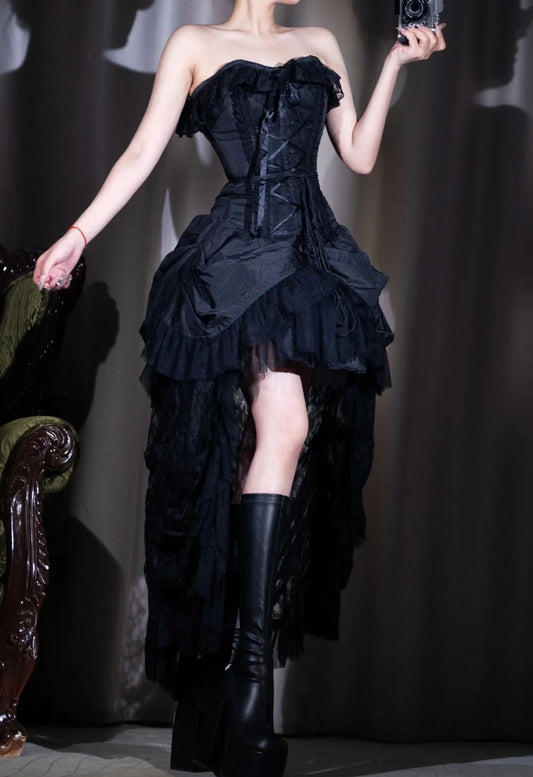 Robe de bal noire en dentelle, coupe trapèze, sans bretelles, pour anniversaire, ED01902