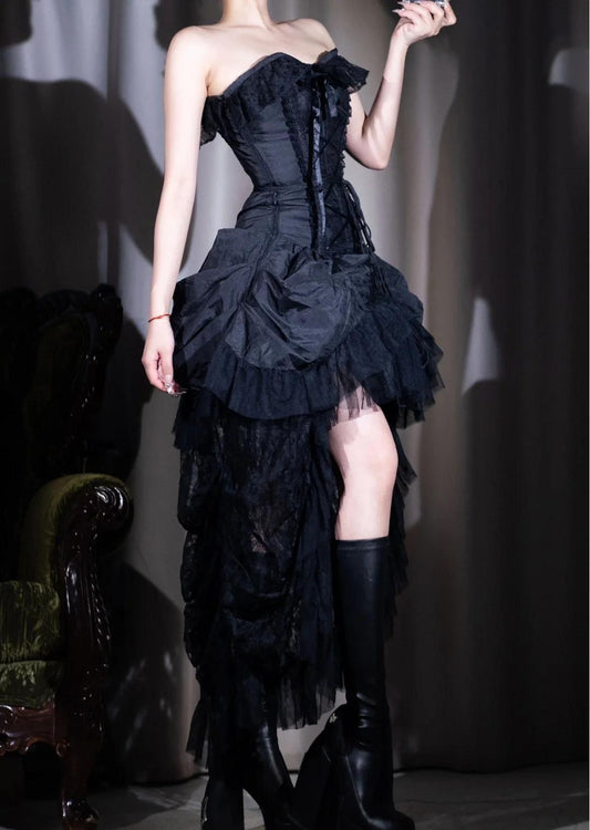 Robe de bal noire en dentelle, coupe trapèze, sans bretelles, pour anniversaire, ED01902