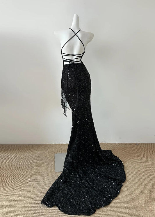 Gorgeous Black Sequin Mermaid Spaghetti Strap Vling Long Prom Dress Backless Formal Evening Dress ED01906