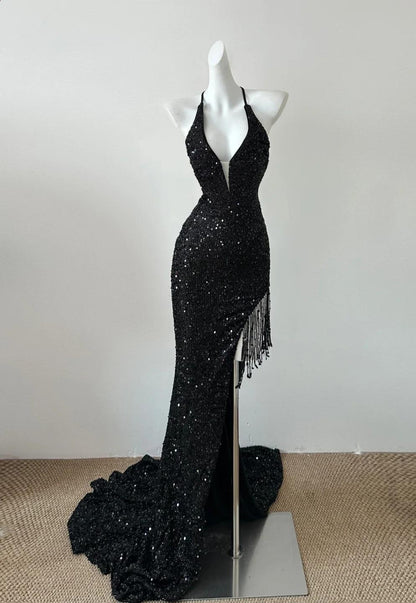 Gorgeous Black Sequin Mermaid Spaghetti Strap Vling Long Prom Dress Backless Formal Evening Dress ED01906