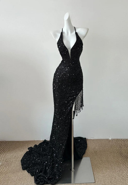 Gorgeous Black Sequin Mermaid Spaghetti Strap Vling Long Prom Dress Backless Formal Evening Dress ED01906