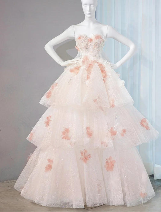Gentle Pastel Layered A-Line Strapless Tulle Long Prom Dress Cute Applique Birthday Evening Dress ED01907