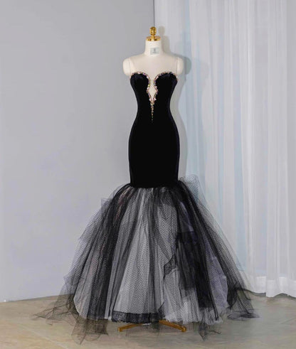 Elegantes schwarzes Meerjungfrau-Abendkleid aus Samt, trägerlos, mit Perlen verziert, langes Tüllkleid, formelles Abendkleid ED01908