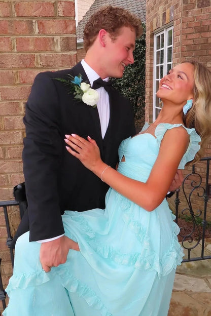 🩵Enchanted Blue Sweetheart A-Line Prom Dress & Wedding Dress💍- Elegant Chiffon Ruffled Birthday Party Dress ED01912